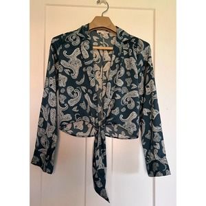 Honey Punch Womens Tie Blouse Blue Paisley Long Sleeve‎ Open Front Cropped S